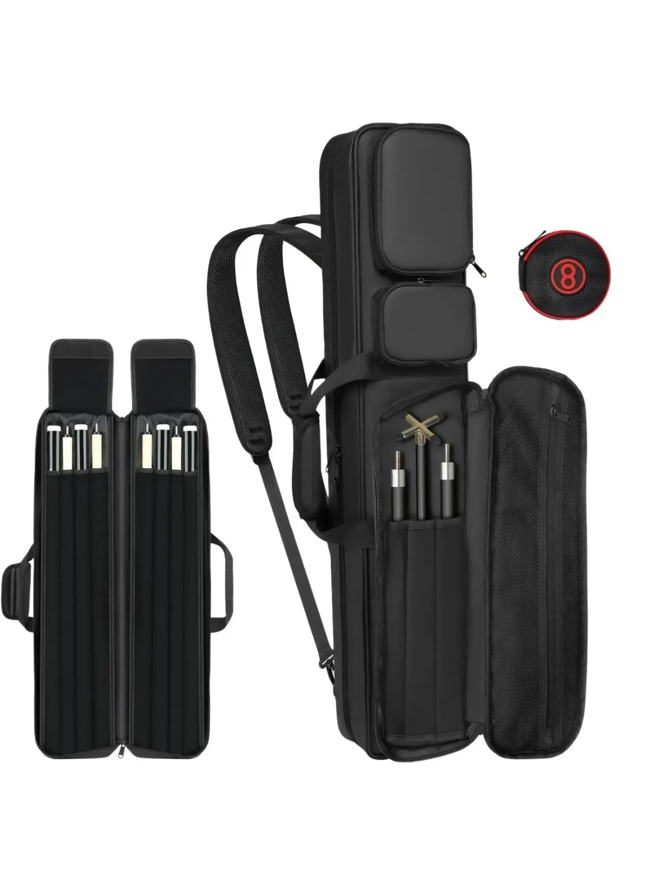 Pool cue set 4x4, pool cue bag with concealed backpack strap, accommodates 4 club heads and 4 shafts, large front accessory pocket pool carrying case, Billiard Accessories, Billiards Accessories