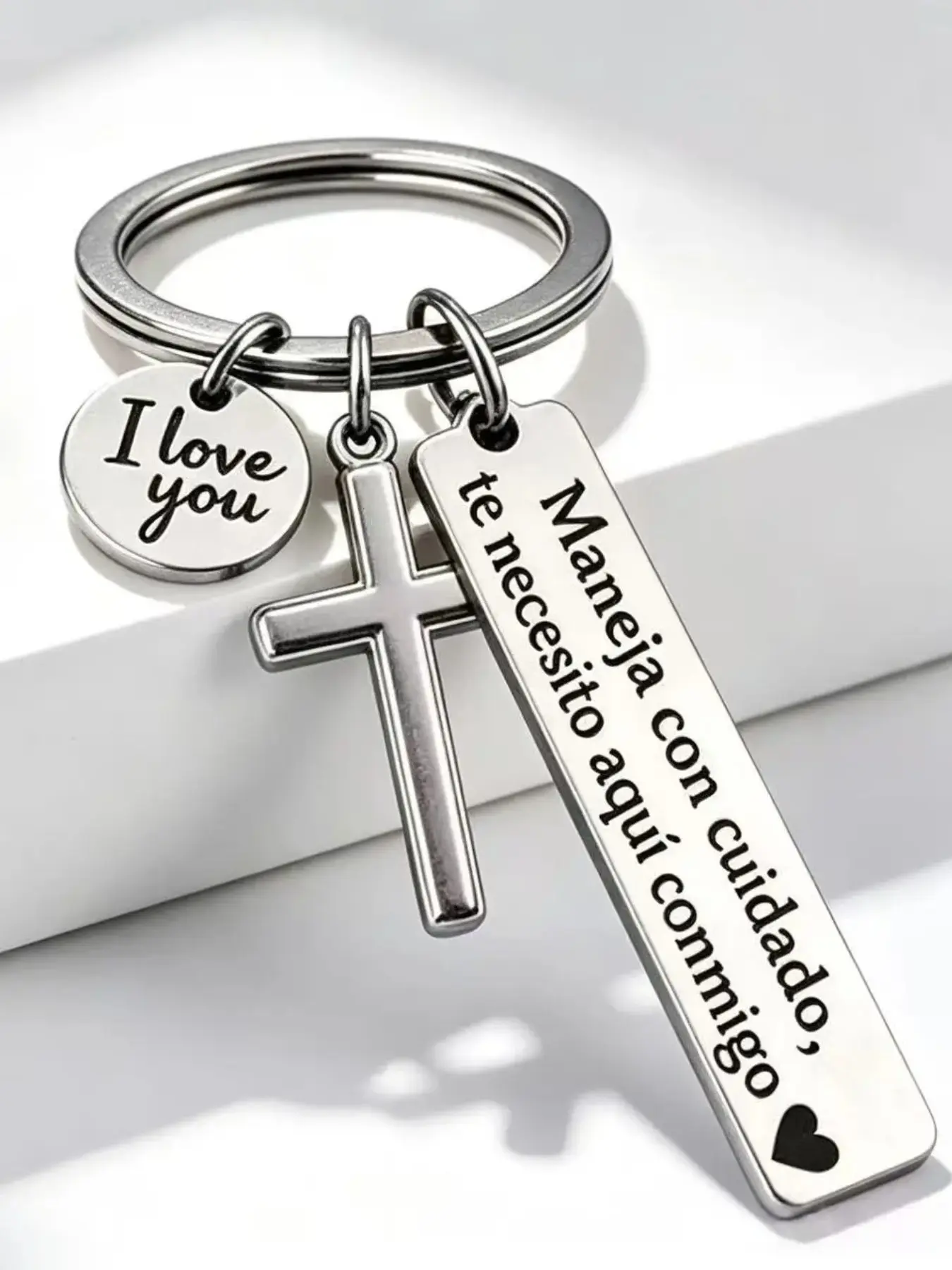 Keychain with Cross & 'i Love You' Charm, Stainless Steel Keyring, Romantic Gift, Adjustable Couples Bracelet, Rotating Badge Holder