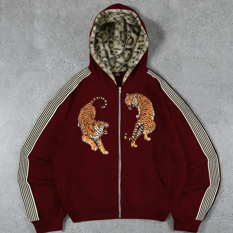 Men's Tiger-Graphic Zip-Up Hoodie, Loose-Fit Casual Streetwear with Plush Leopard-Print Hood Lining and Striped Sleeves for Fall and Winter