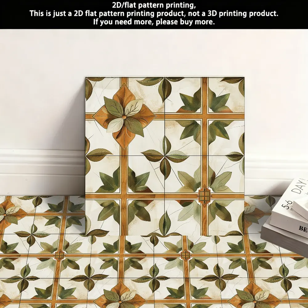 Pack of 10, 2D Flat PVC Self-Adhesive Vinyl Floor Tiles Measuring 11.81X11.81 Inches with a Vintage Floral Pattern, Waterproof, Wear-Resistant, And Non-Slip. Suitable for Decorating Floors in Kitchens, Bathrooms, Living Rooms, Dining Rooms