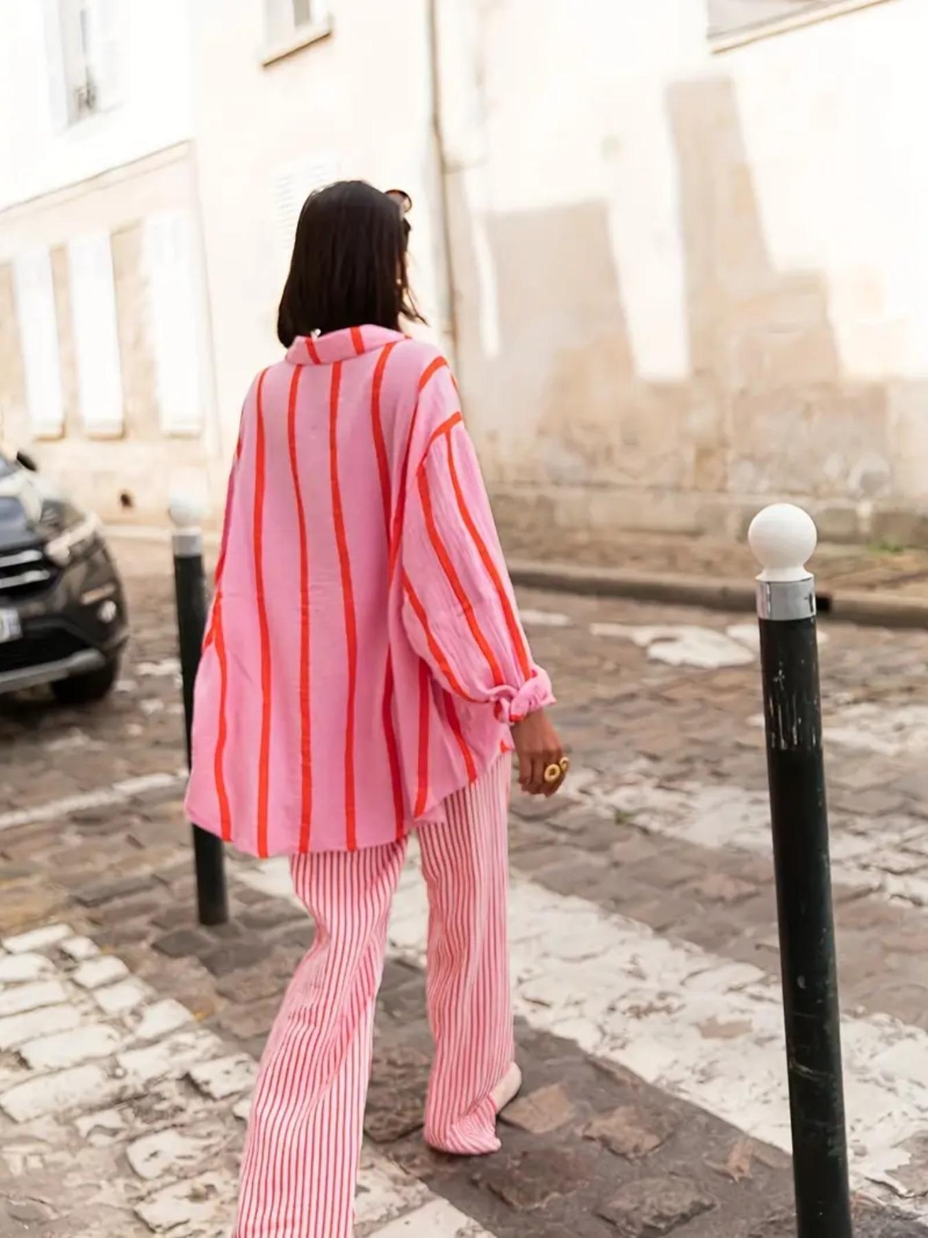 Women's Striped Print Long Sleeve Shirt Blouse, Elegant Casual Fit Button Front Top for Daily Wear, Ladies Clothes for All Seasons