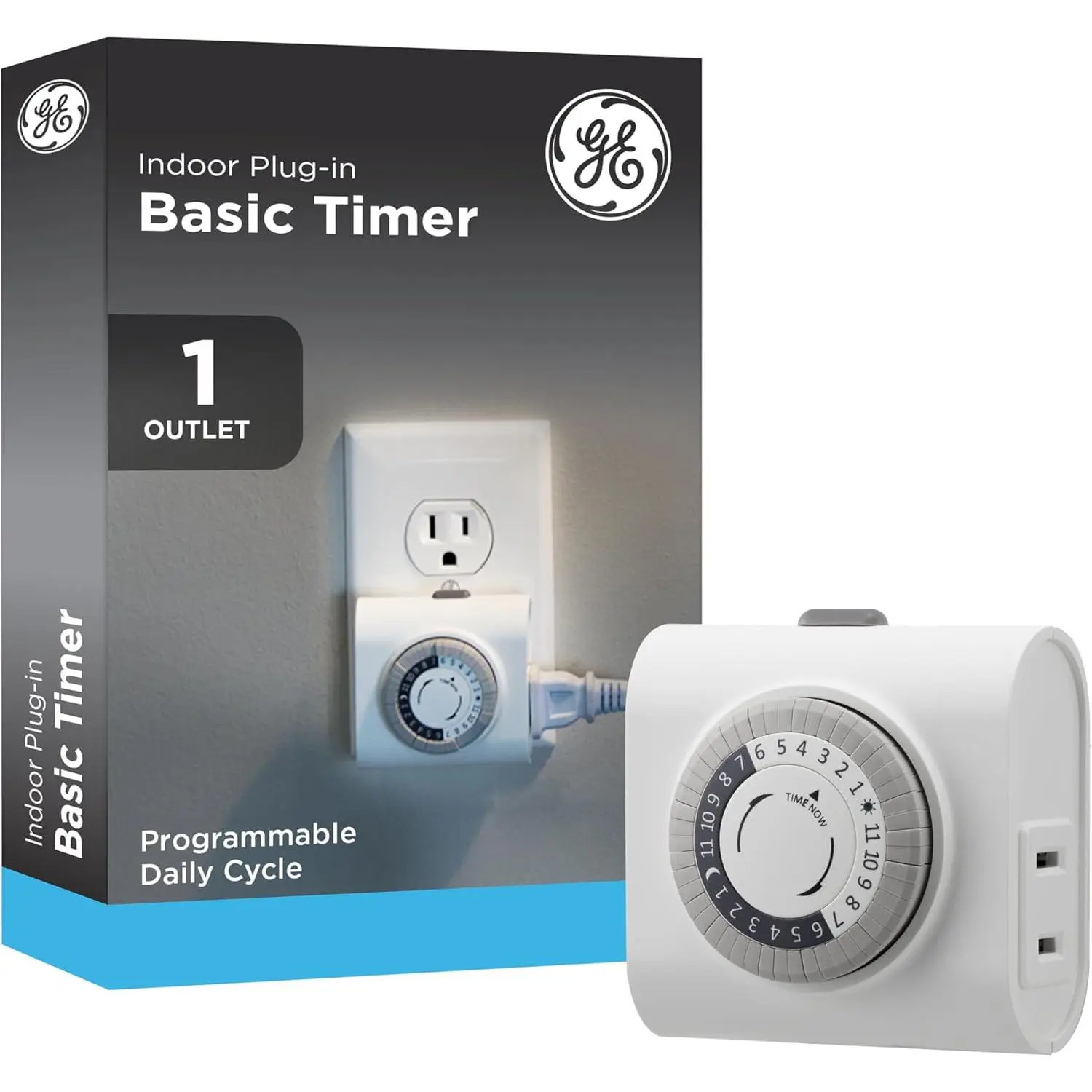 GE 24‑Hour Mechanical Outlet Timer Switch, Single Polarized Plug‑in Control for Indoor Lighting, Lamps, Christmas Trees and Seasonal Decor (1 Pack), 15119