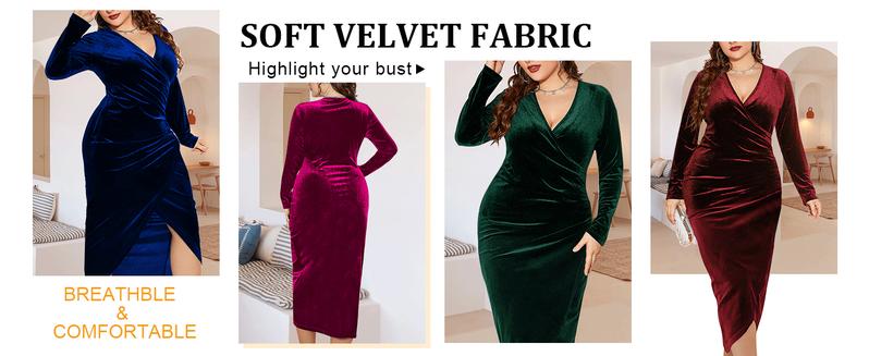 Womens Plus Size Long Sleeve Velvet Bodycon Dresses Sexy Ruched Wrap Deep V Neck Party Cocktail Dress