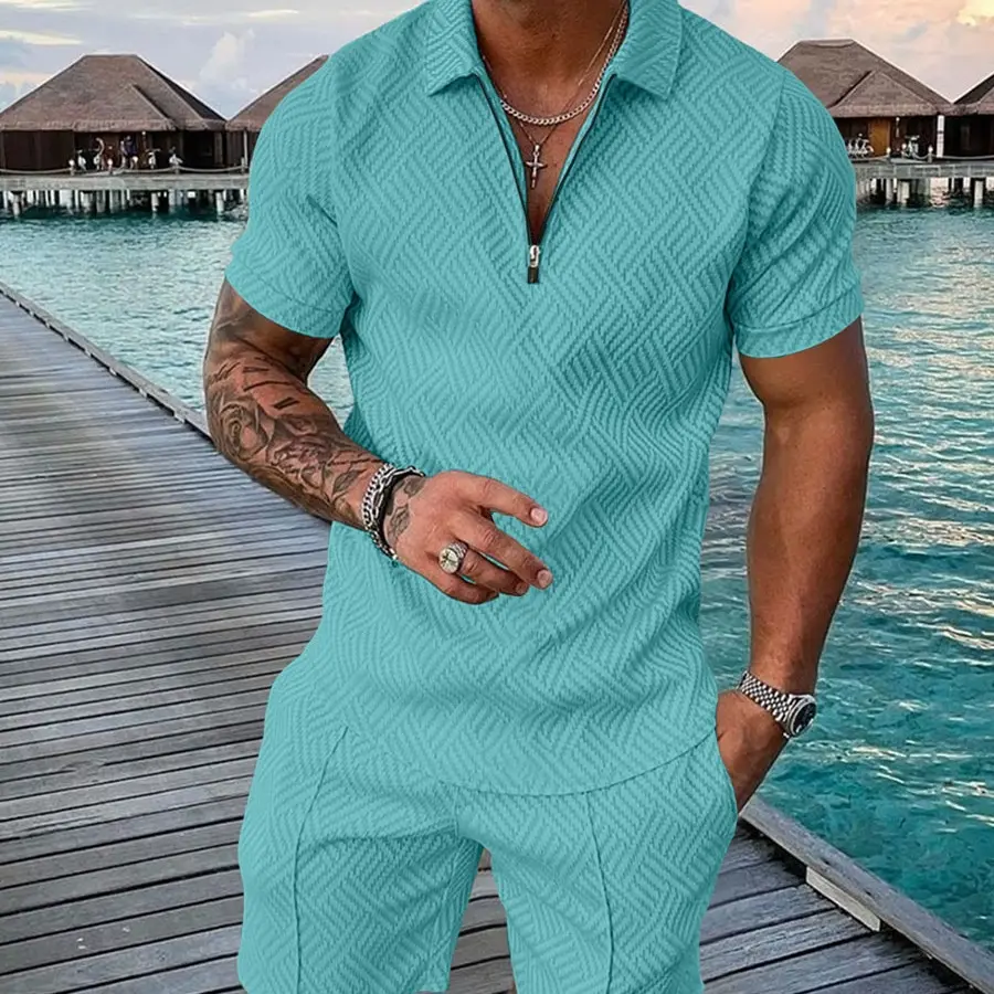 2026 Cross-Border Men's Fashion (US/Europe) - Summer New Arrivals: Casual Color-Block Polo Set (Short-Sleeve Zip-Collar Shirt & Shorts) - Streetwear & Travel Style