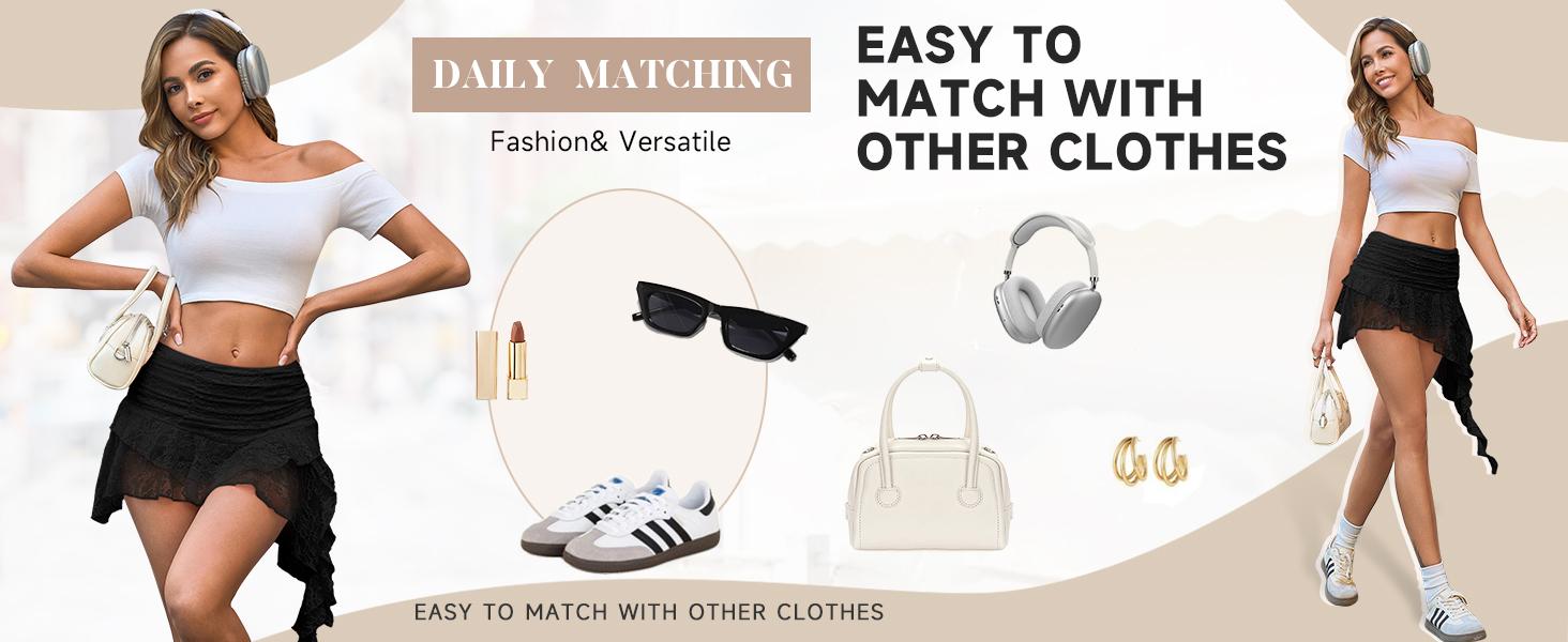 Women Y2K Lace Mini Skirt Low Rise Pleated Ruffle Short Layered Flowy Asymmetrical Fairy Half Slip Soft Breathable Stretchy Comfortable