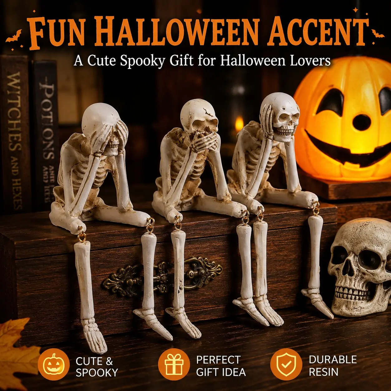 Halloween Skull Resin Decor Set, Three-Piece Skeleton Ornament, Ghost Festival Atmosphere, Craft Decoration, Halloween Crafts