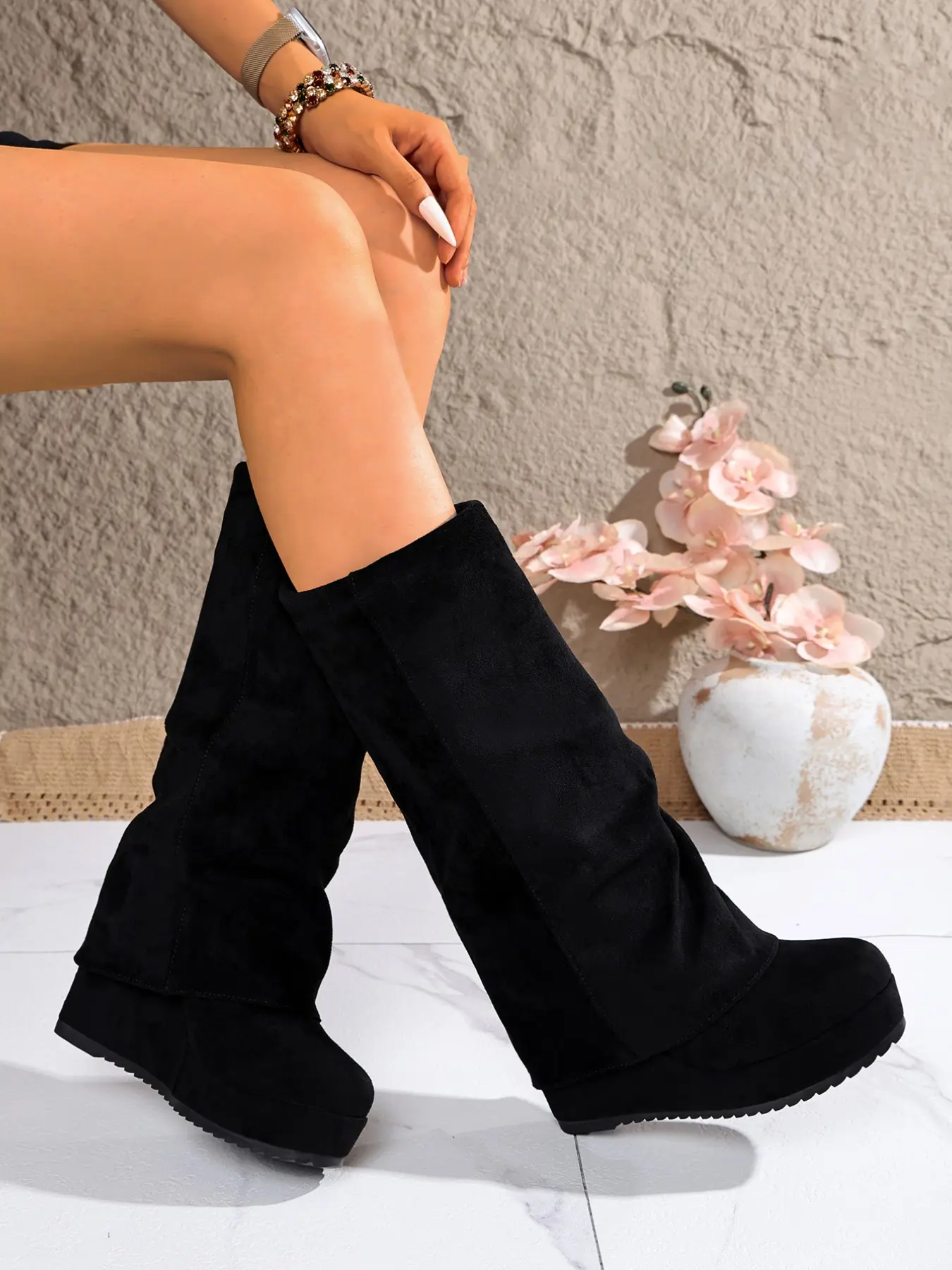 Women's Solid Color Round Toe Knee-High Boots, Thick Sole Wedge Heel, Elastic Faux Fur, Fall Winter Fashion, Casual Comfortable