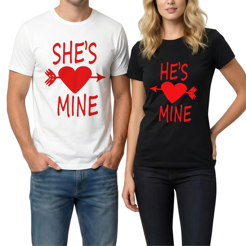 A couple's short-sleeve T-shirts with "She's Mine" and "He's Mine" printed on them.Soft and comfortable crew neck casual T-shirts, perfect for spring and summer| Fashionable Casual Style| Smooth fabric couple T-shirt Valentine's Day gift (1 piece)