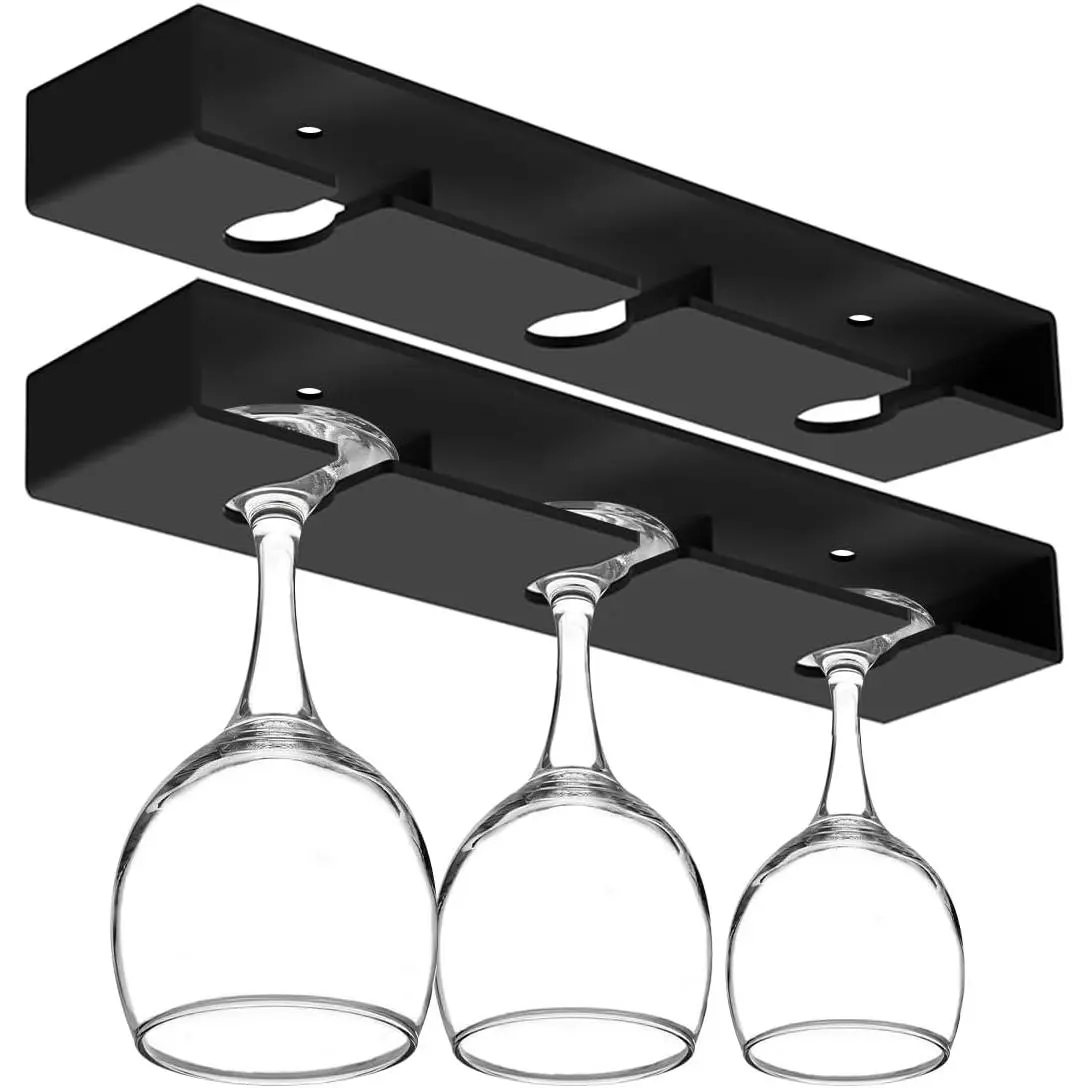2Pack  Glass Holder Under Cabinet Shelf,Plastic  Glass Rack Stemware Drying Storage Hanger for Kitchen,Bar and Restaurant(Black)