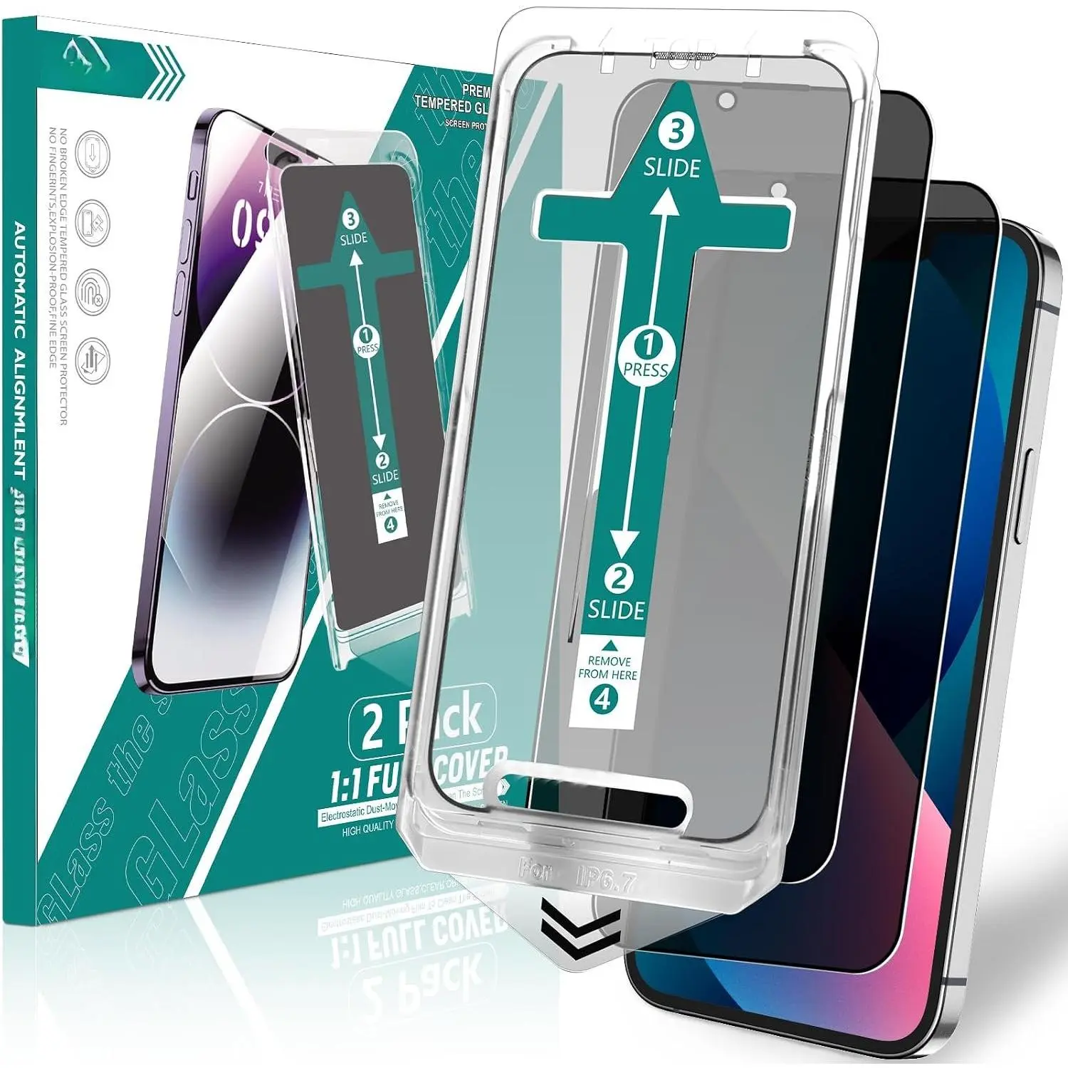 2 Pack  Screen Protector for  14/13 / 13 Pro, [Auto-Alignment Kit] 6.1 Inch Tempered Full Screen Glass, Auto Dust-Elimination Installation, Anti-Spy, Bubble Free, Case Friendly