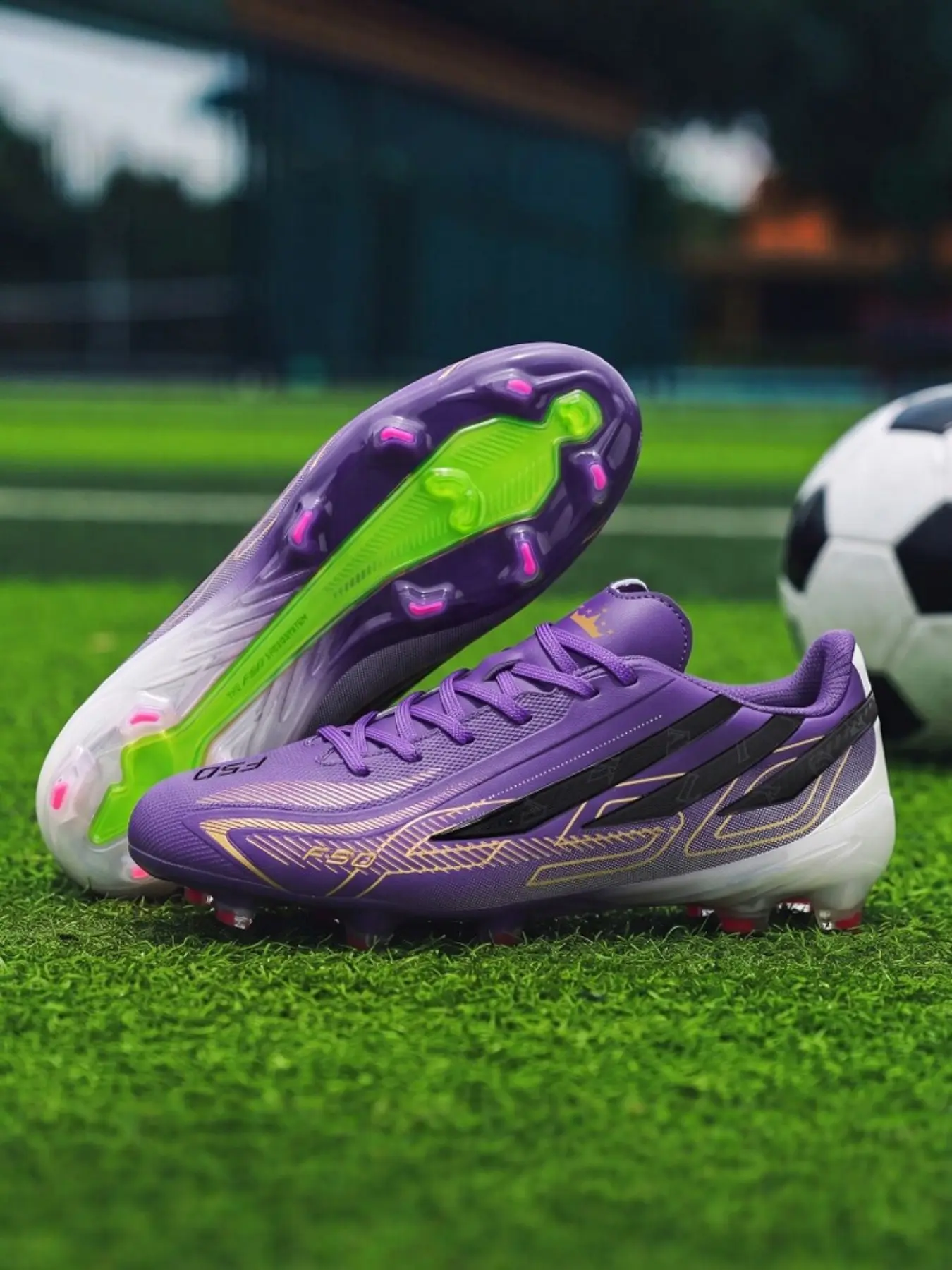 AG Soccer Cleats for Men & Youth, Firm Ground Long Studs, Snug Lightweight Upper, Great Ball Control, Anti-Slip Strong Traction on Grass Field, Stylish Purple Gold Design, Sizes 35-45, Ideal for Football Training & Competitive Matches