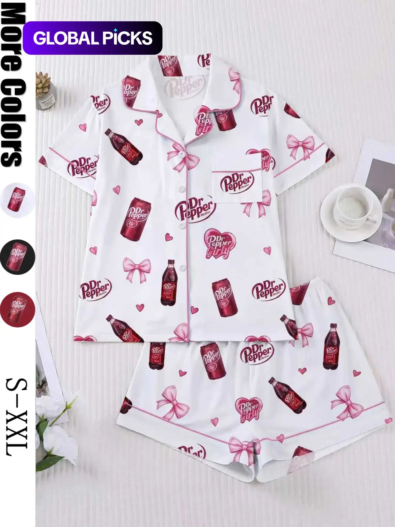 Women's Heart Bow Print Sleepwear Set, Short Sleeve Button-Up Top & Elastic Shorts, Casual Homewear for Party