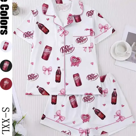 Women's Heart Bow Print Sleepwear Set, Short Sleeve Button-Up Top & Elastic Shorts, Casual Homewear for Party, Printed Sleepwear Set #GLOBAL PICKS