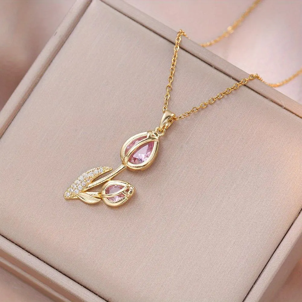 Long Length Crystal Metal Necklace with Tulip Flower Pendant and Letter Motif, Versatile Niche Design for Party or Everyday Use, Unisex Wear, Elegant Look, Tulip Shape
