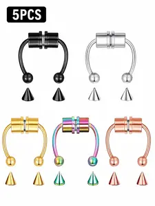 5pcs Non Piercing Magnetic Nose Ring Set, Sexy Stainless Steel Ball and Spike Ends, All Seasons Plain Design, Fashionable Jewelry