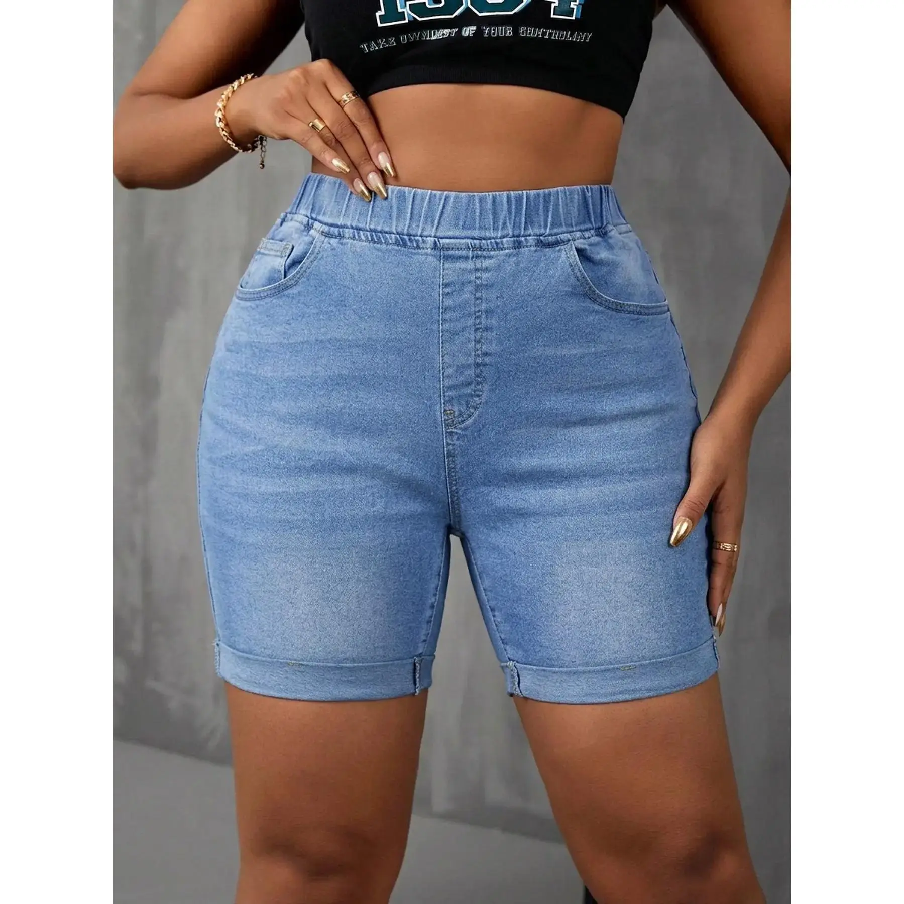 Plus Size Elastic-Waist Denim Mid-Length Shorts Casual Rolled-Hem Slim Fit Shorts, Y2K Clothes Summer Daily Wear, Trendy Basic Bottoms, Comfortable Relaxed Fit Casual Ensembles, Stylish Washed Detail Party Casual Wear