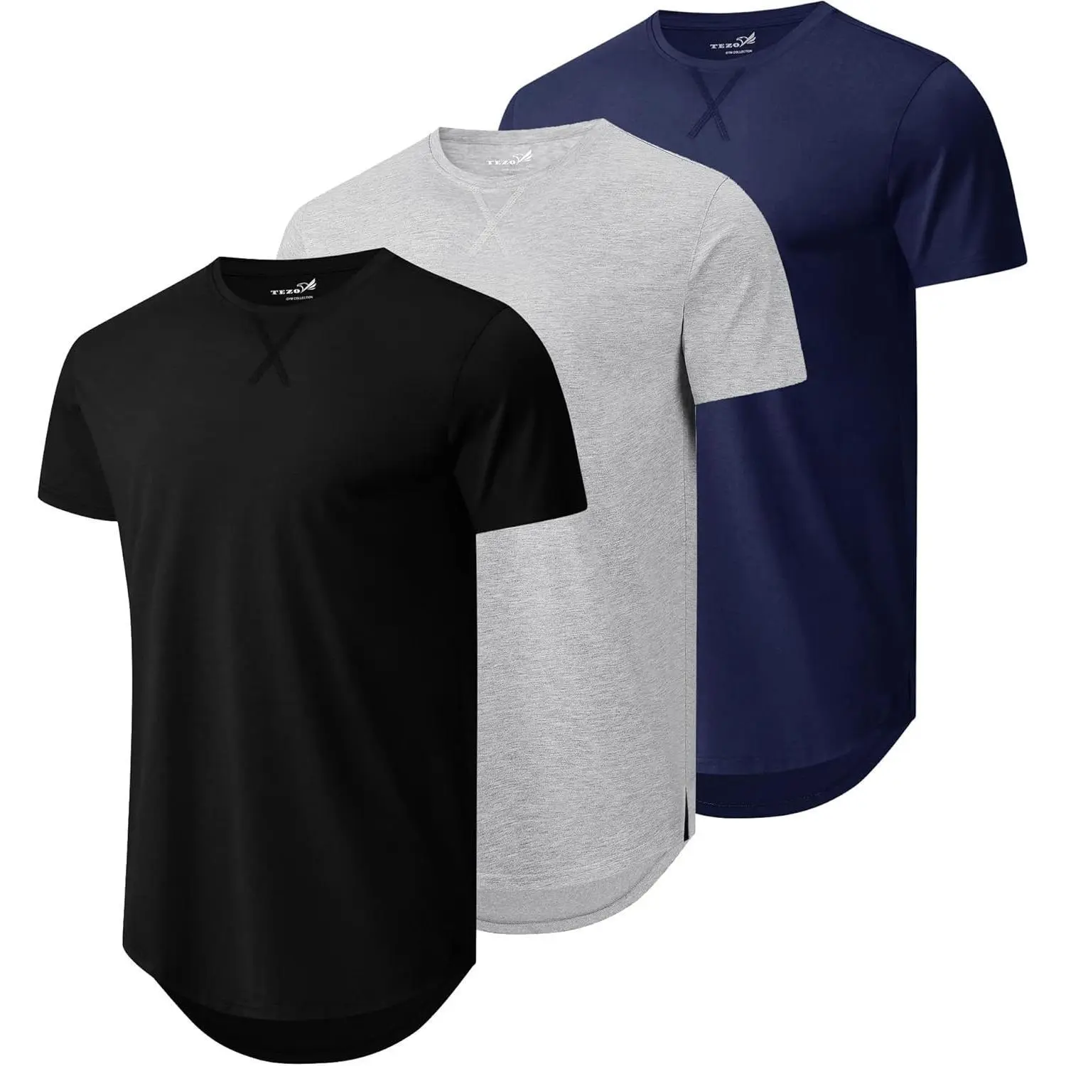 Mens 3 Pack Plain Cotton Shirts Short Sleeve Casual Crew Neck T-Shirts Hipster Hip Hop Longline Tees Drop Cut Curved Hem