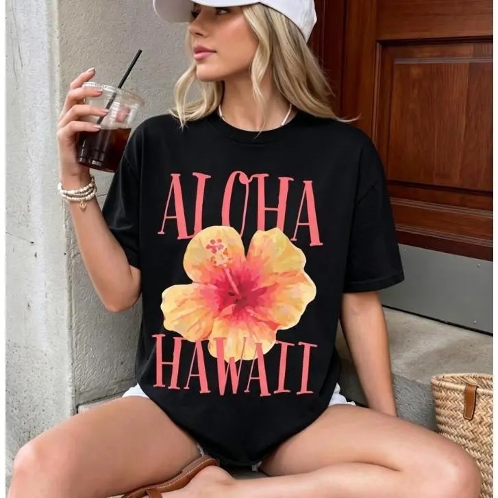Hawaiian-style shirts,tropical floral T-shirts,Hawaiian vacation shirts,summer beach outfits,island-patterned T-shirts,hibiscus flower shirts,Premium Printed Craft Aloha Hawaii Hibiscus Flower Graphic T-Shirt,Vibrant Watercolor Tropical Design