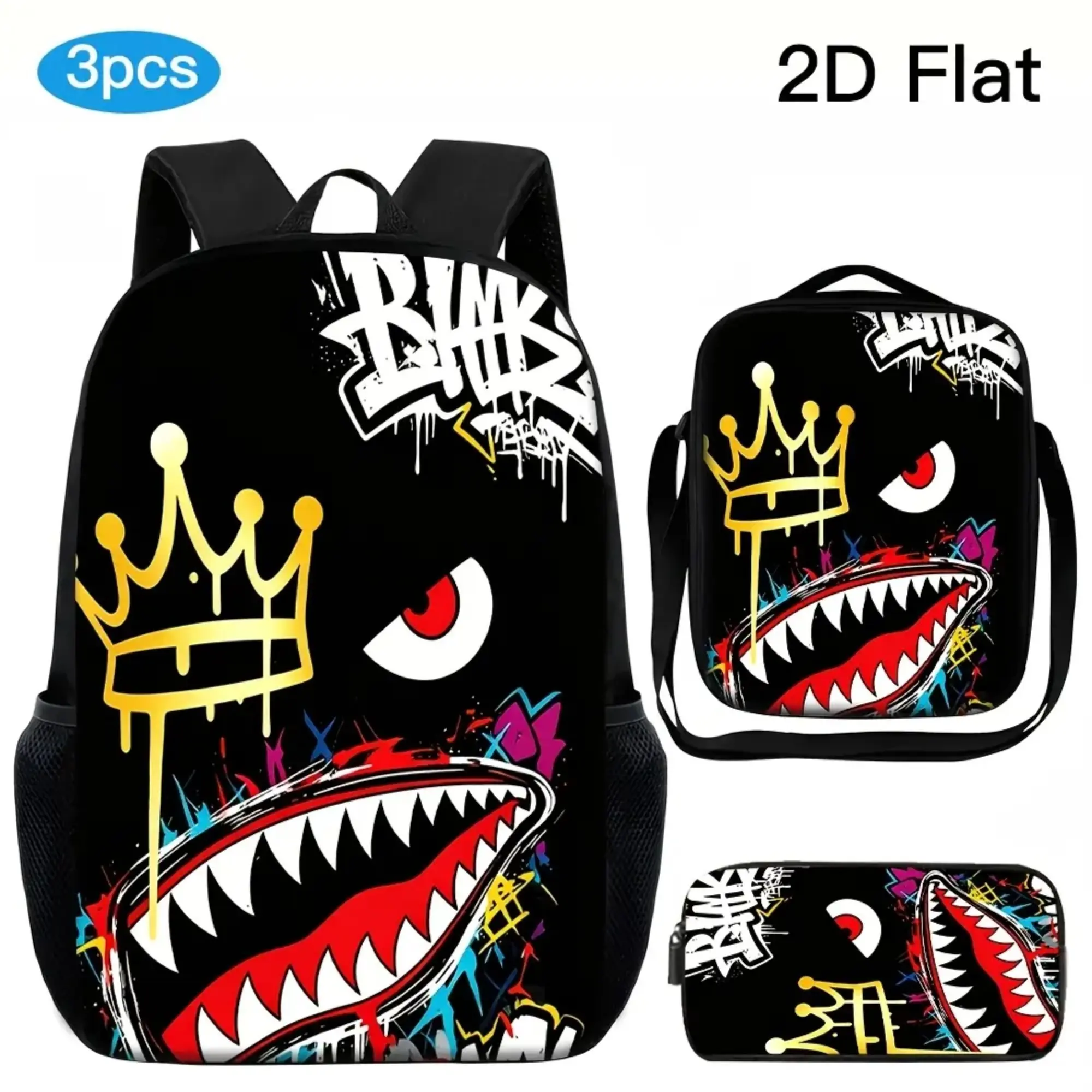 3-Piece High-Capacity Backpack Set with 2D Slanted Print Smiley Face, Adjustable Shoulder Straps, Lunch Bag & Pencil Case - Prop 65 Safe Backpacks for School, Camping, Back To School Shopping, School Backpack