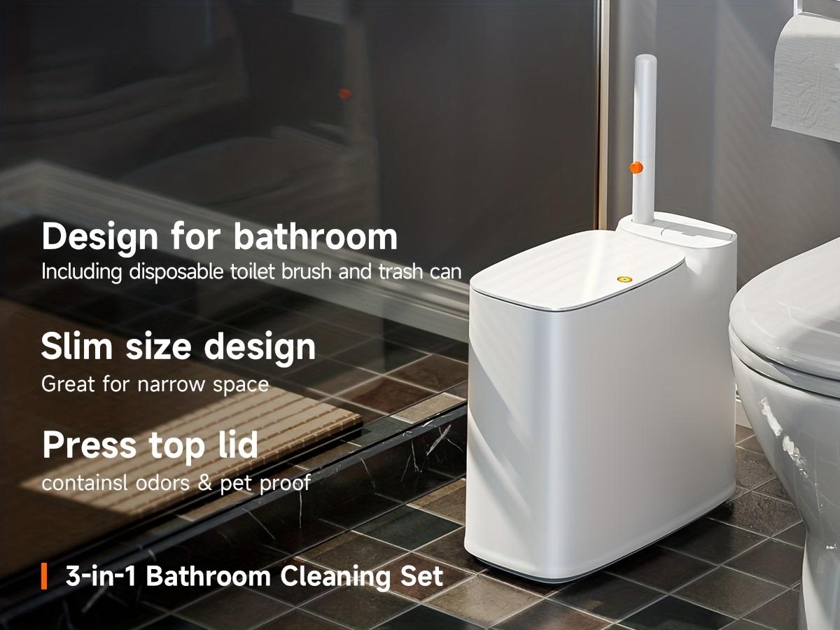2-in-1 Trash Can With Toilet Brush And Brush Head |   White Rectangular Modern Bathroom Narrow Seam Trash Can With Push-On Lid, Disposable Toilet Brush, Ivory, Bathroom Decor And Accessories, Floor Mount, Plastic