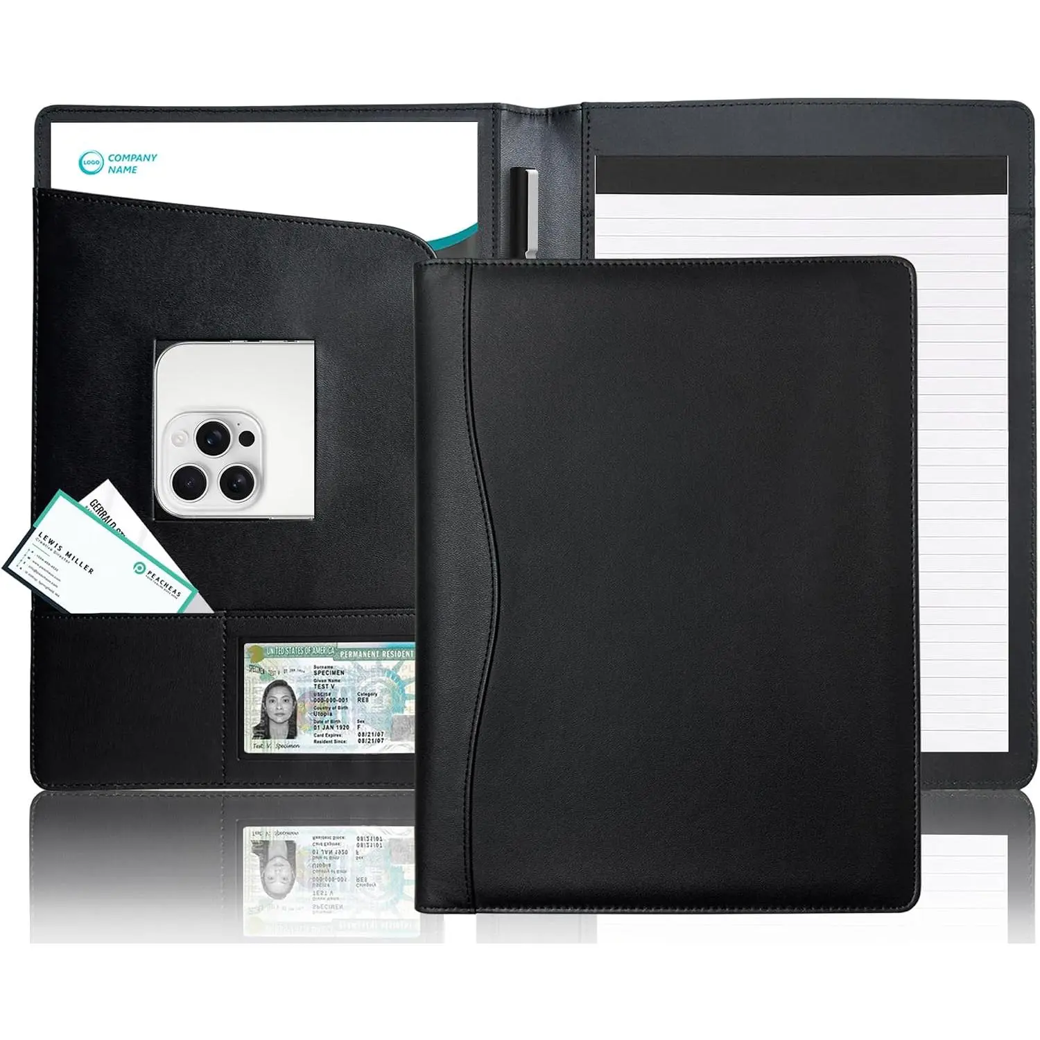 Faux Leather Synthetic Binder Travel Portfolio - A4 Size Pad Organizer with Storage Pocket, Card Holders, Pen Loop for Business Meetings, Daily Commute (Black, Fits Graduation, Letter/A4 Pads), Teachers