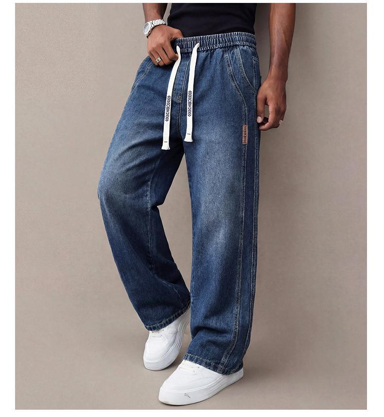 Men’s Stretch Denim Jeans — Vintage Washed Straight-Leg Fit, Drawstring Design for Easy Pulling On and Versatile Casual Wear; Regular-Season Everyday Long Pants