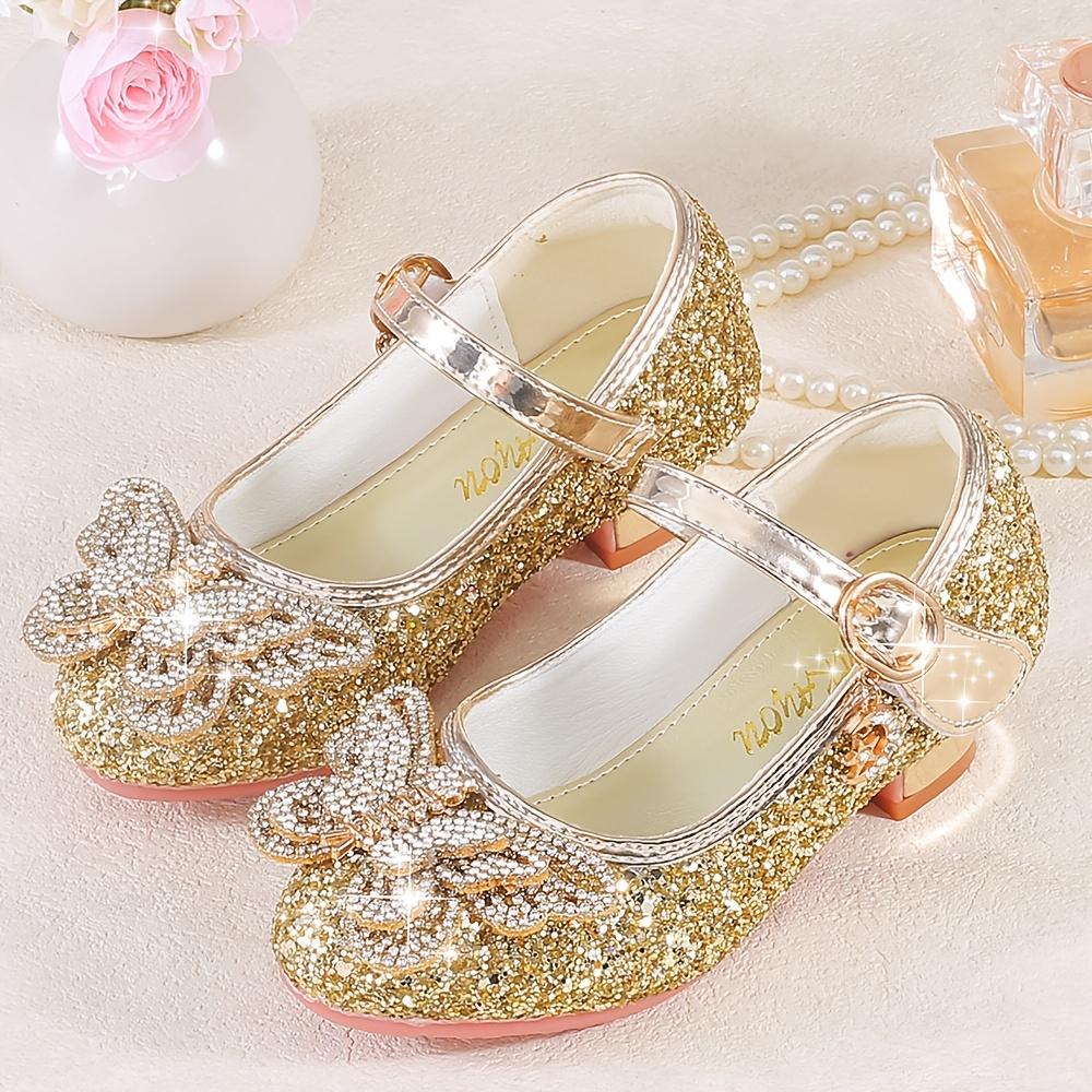 Girls' Princess Shoes with Rhinestone Flowers, New Autumn/Spring High Heel Golden Crystal Flat Shoes Children's Dress, Wedding, Banquet, Performance Princess Dress Shoes
