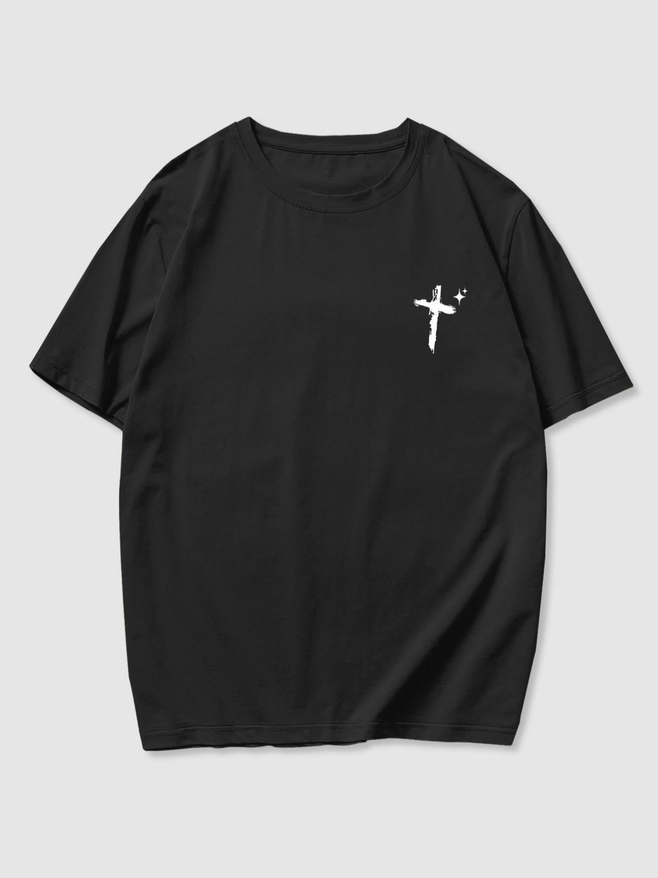 Men's Cross & Letter Print Round Neck Graphic Tee, Casual Short Sleeve T-shirt for Daily Wear, Men's Top for All Seasons