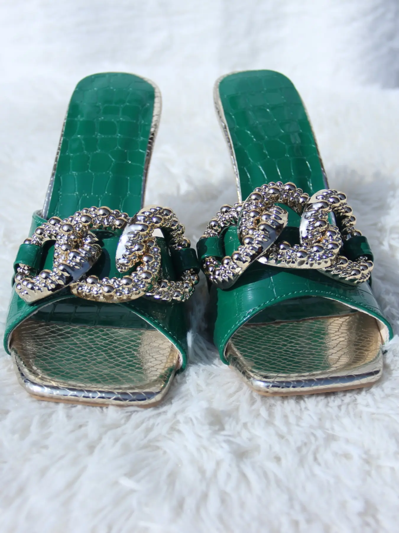 Women Croc Embossed Square Toe Mule Heels, Rhinestone Chain Slip On Open Toe Slide Sandals, 3 Colors Black Brown Green