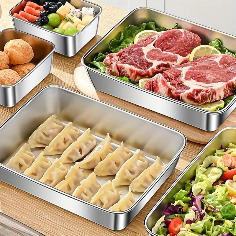 Stainless Steel Food Storage Box, 2/3 Counts High Capacity Container, Durable Food Storage Tray Container with Lid, Kitchen Storage Organizer for Meat, Vegetable, Fruit, Preserving Containers