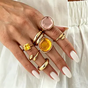 7 Piece Viral Gold Tone Chunky Ring Set Pink Amber Resin Gem Stacking Rings Main Character Energy Baddie Jewelry