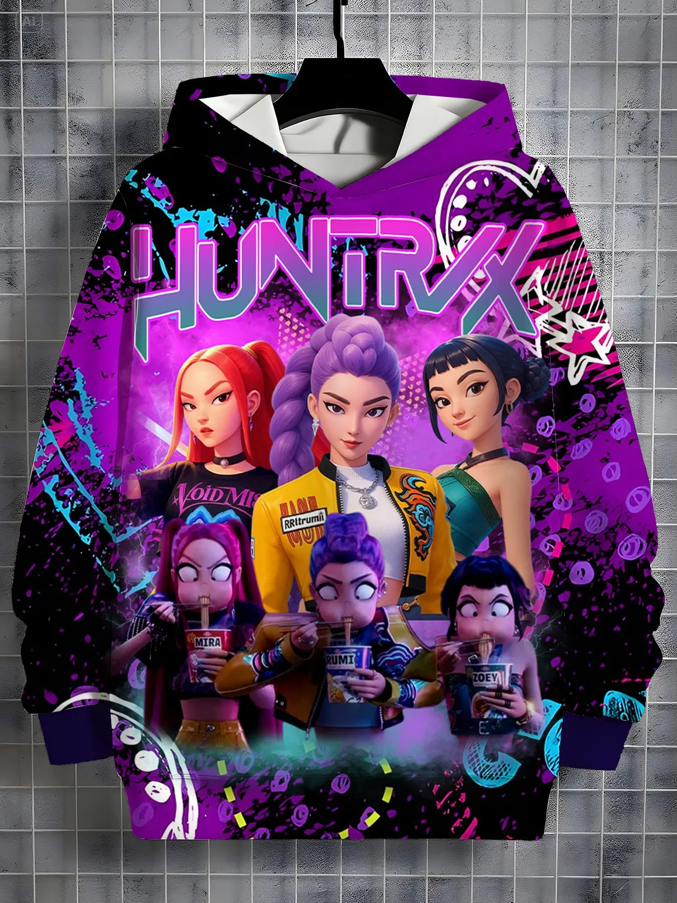 Girls' Ink Splash Group Portrait Print Hoodie, Korean Anime Cartoon Print Casual Sweatshirt, Spring Fall Fashion, Perfect Gift