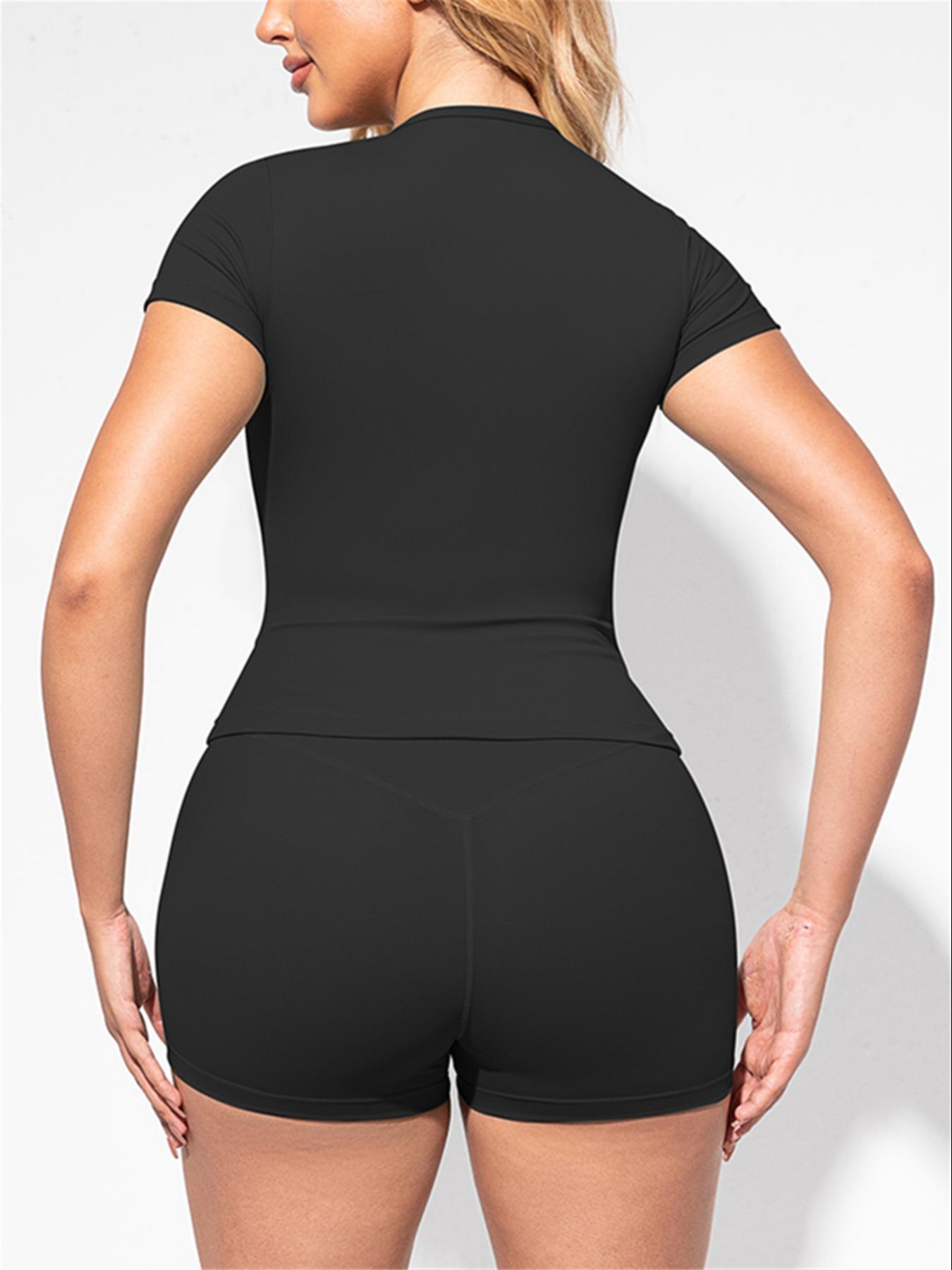 Women's 2-Piece Sport Yoga Outfit, Plain Short-Sleeve T-Shirt And High-Waist Shorts, Breathable For Gym Running, For All Seasons, Activewear Fitness Outfit