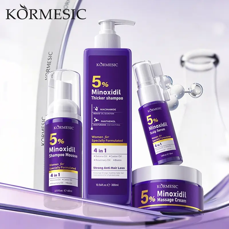 KORMESIC Women 4PCS 5% Minoxidil Scalp Care Set Shampoo Mousse Massage Cream Serum, Batana & Rosemary Oil Nourish, Oil Control Repair Scalp, Strengthen Roots Reduce Shedding, Improve Thin Sparse Oily Hair Deep Nourish Home Hair Treatment Kit
