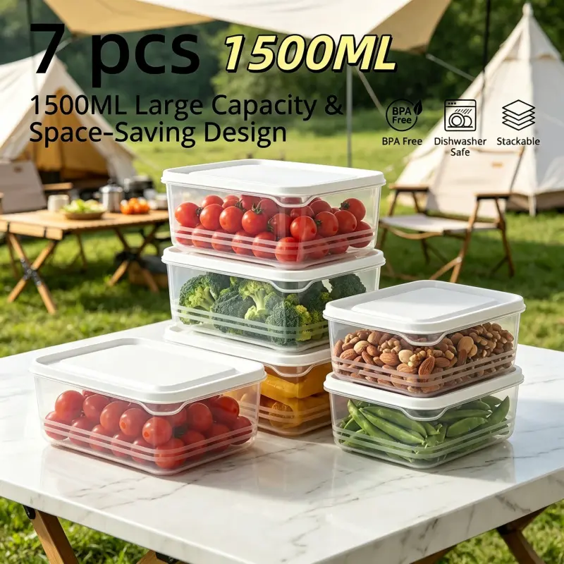 BPA Free 1500ML Stackable Plastic Storage Box Set Of 7 Large Capacity Clear Food Containers For Vegetables Fruits Dry Goods