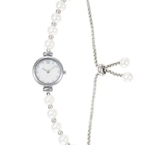 Rose Gold Pearl Round Frame Watch, Classic Analog Watch, Quartz Watches, Sweet Luxury Style, Fine Nacre Dial, Adjustable Bead Chain, Perfect Gift for Girls, All-Season Wear