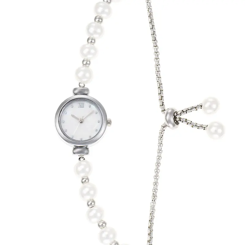 Rose Gold Pearl Round Frame Watch, Classic Analog Watch, Quartz Watches, Sweet Luxury Style, Fine Nacre Dial, Adjustable Bead Chain, Perfect Gift for Girls, All-Season Wear