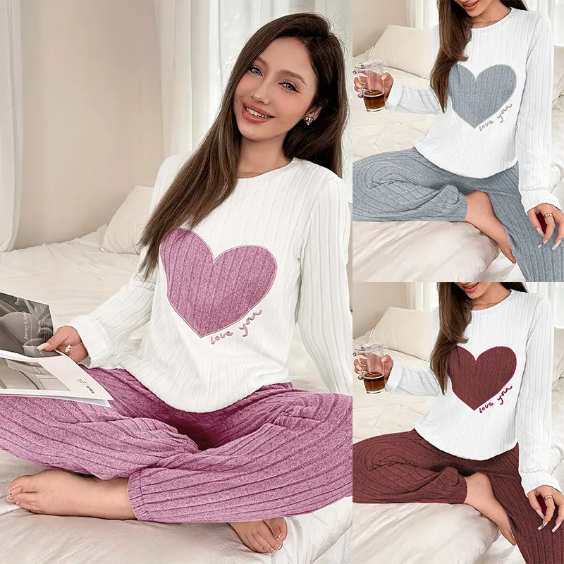 Love Color Matching Embroidered Pajamas Fleece Women's Pajamas Long Pants Long Sleeve Loose Home Wear