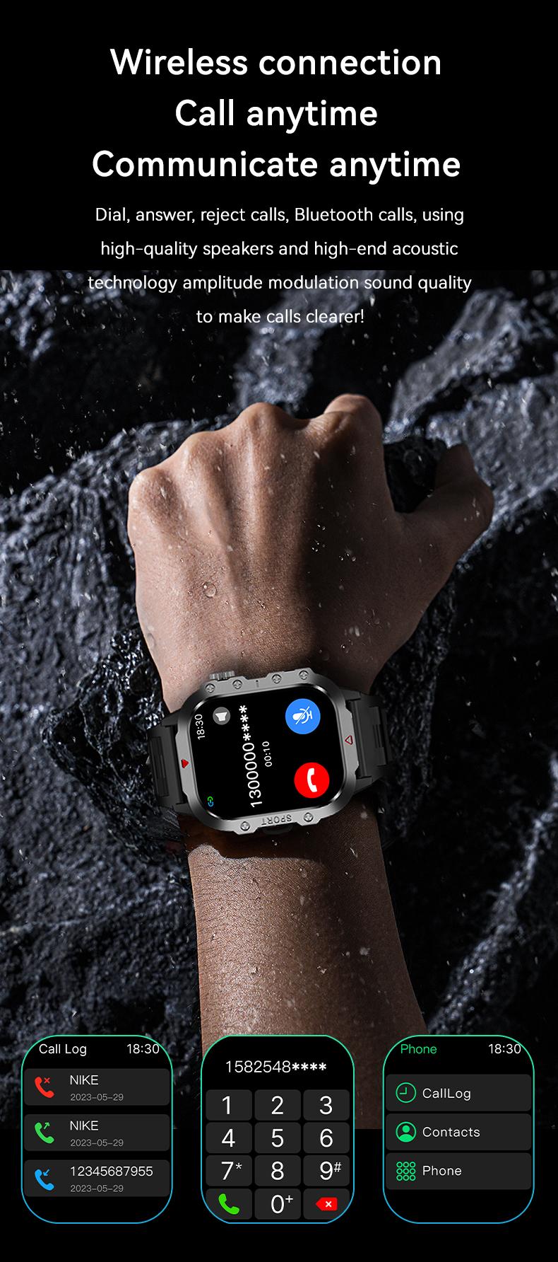 Rugged Military Smart Watch Men's Outdoor Watch 2.01" HD Touch Screen Voice Bluetooth Call Smartwatch