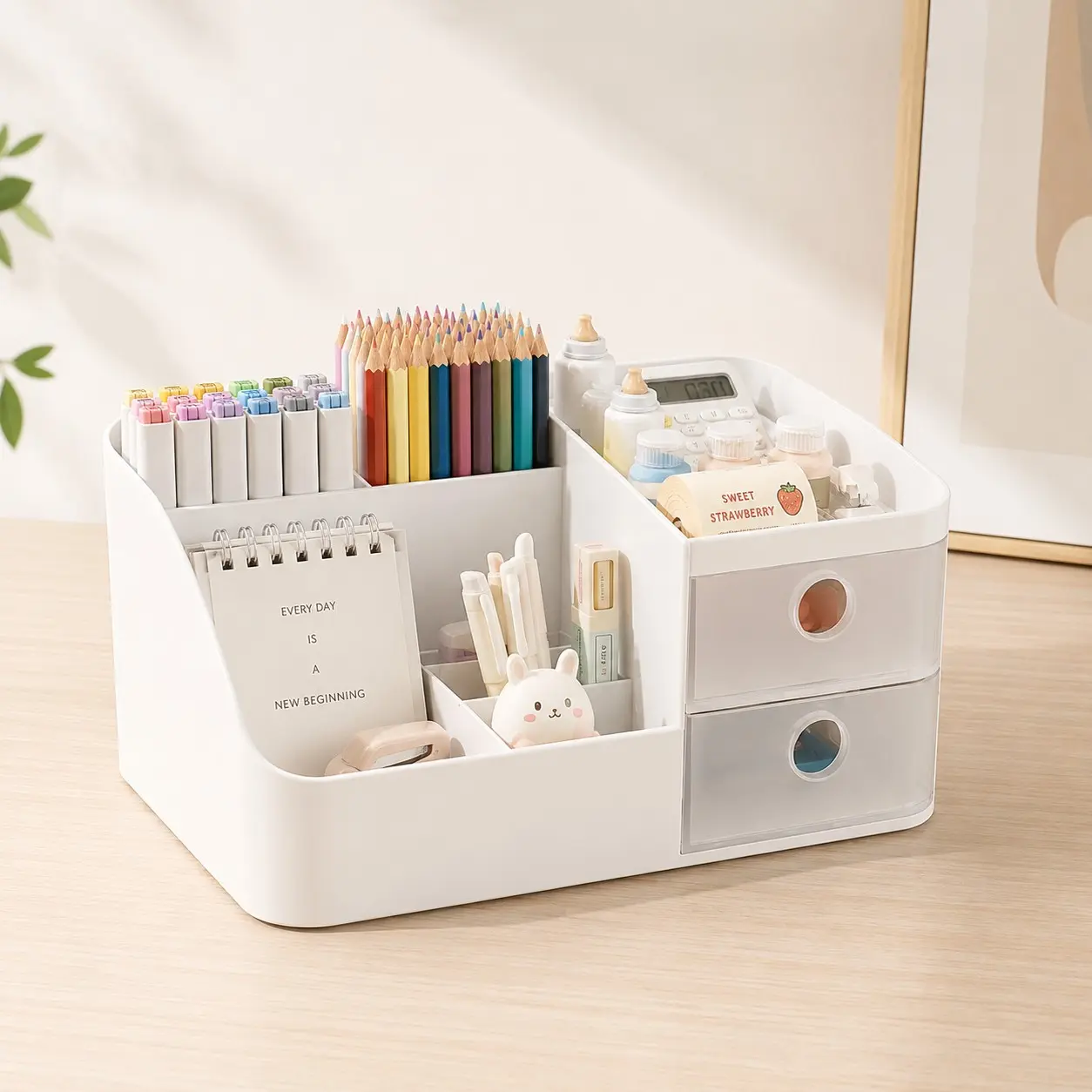 Desktop Organizer Box with Multiple Compartments, Six Layers and Two Drawers, Multifunctional Pen Holder for Office Supplies, Bedroom Desk Storage, Desk Accessories