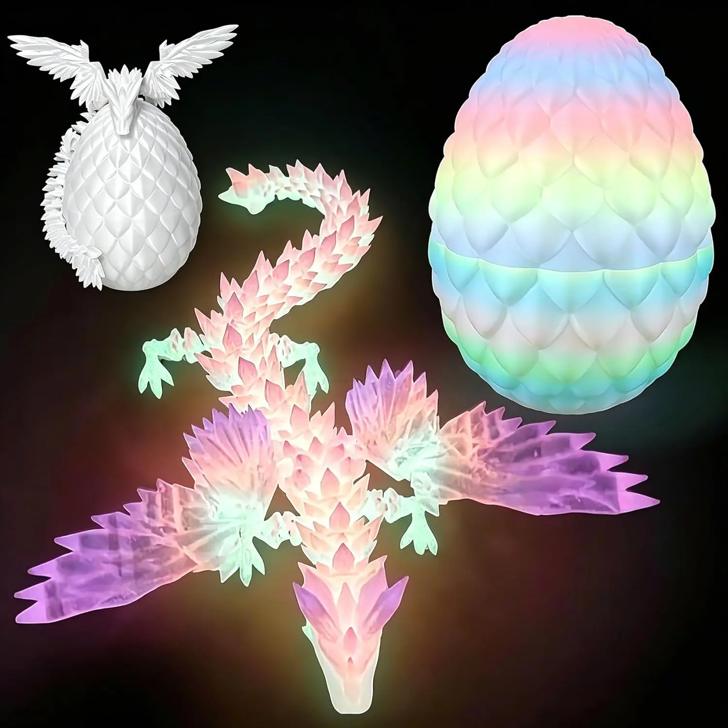3D Printed Dragon Glow in The Dark with Eggs: Flexible Crystal Dragon with Wings Toy for Desk Decor, Sensory Fidget Toy for Kids & Adults, Unique Easter Basket Stuffers (Luminous)fidget toys