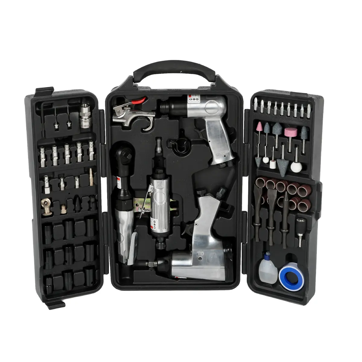 4 Pcs Heavy Duty Aluminum Air Tool Kit, 1/2 Impact Wrench Air Hammer Ratchet Wrench 1/4 Collet Air Grinder with 71 Pcs Accessories, Heat Treated Cylinder Blow Molded Storage Case for Garage Workshop DIY Mechanics