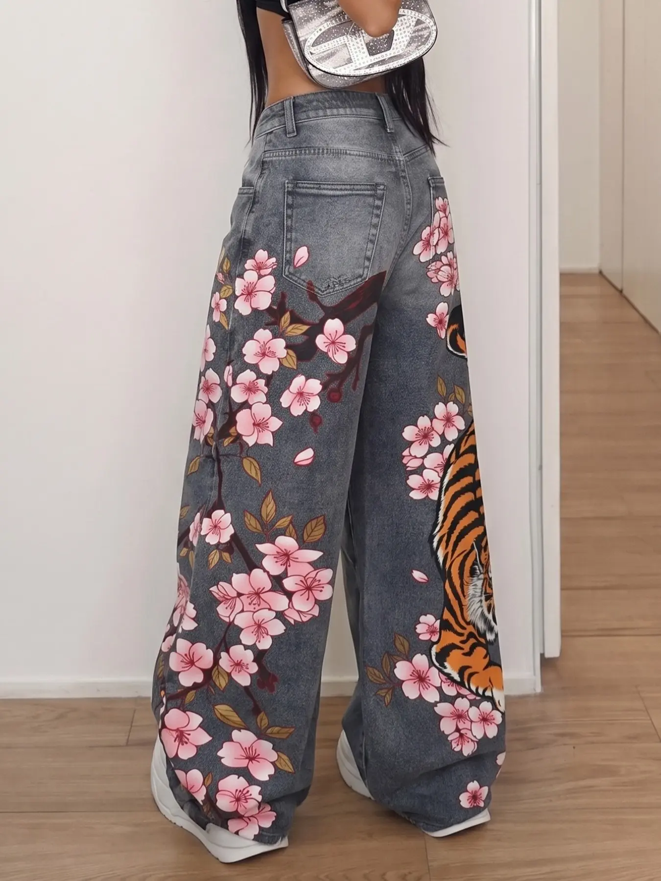 New Tiger Floral Print Women's Jeans, Casual Street Style, Loose Fit, Blue Color, All-Season Wear, Comfortable Wide Leg Pants