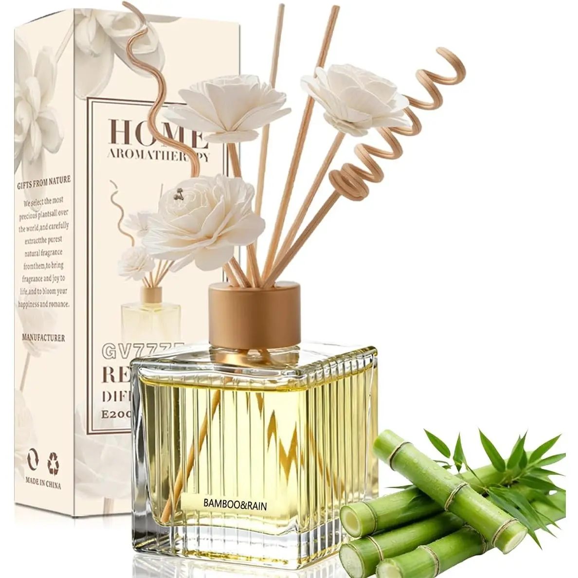 Bamboo Rain Reed Diffuser - 6.7 oz Glass Bottle with 4 Rattan Sticks, 3 Dried Flowers| Adjustable, Long-Lasting Scent for Home, Bedroom, Living Room, Office, Bathroom| Aromatherapy Gift