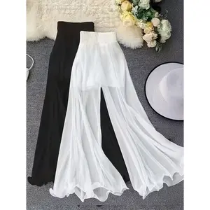 2Pcs, Pair of Women's High-Waisted Semi-Sheer Wide-Leg Pants, Elastic Waistband Mesh Fabric, Loose Casual Trousers, Plus Size Comfort Fit, Semi-Transparent Material