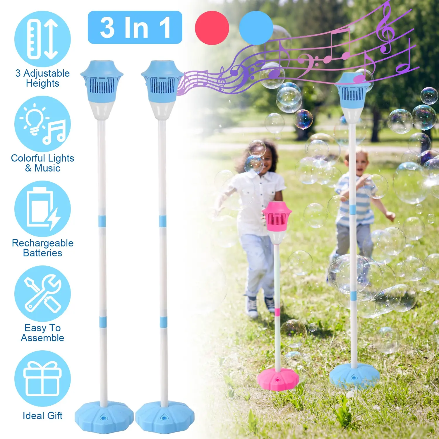 3-in-1 Rechargeable Standing Bubble Machine with Colorful Lights, Music, 2 Modes, Adjustable Ht. for Party, Wedding, Indoor/Outdoor Use (for Kids, Pets)
