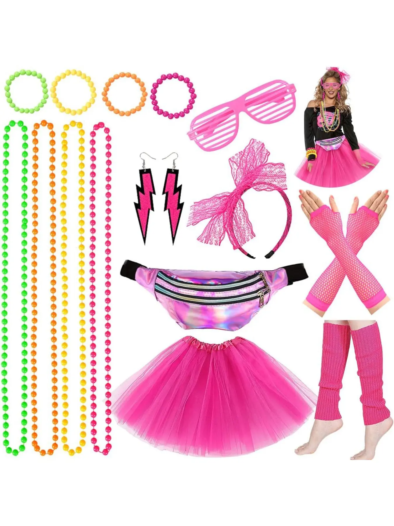 1980S Party Set Necklace Headband Gloves Knee Pads Bracelets Glasses.Adult Retro Dress Up Stage Performance Portrait Costume Party Costume Accessories