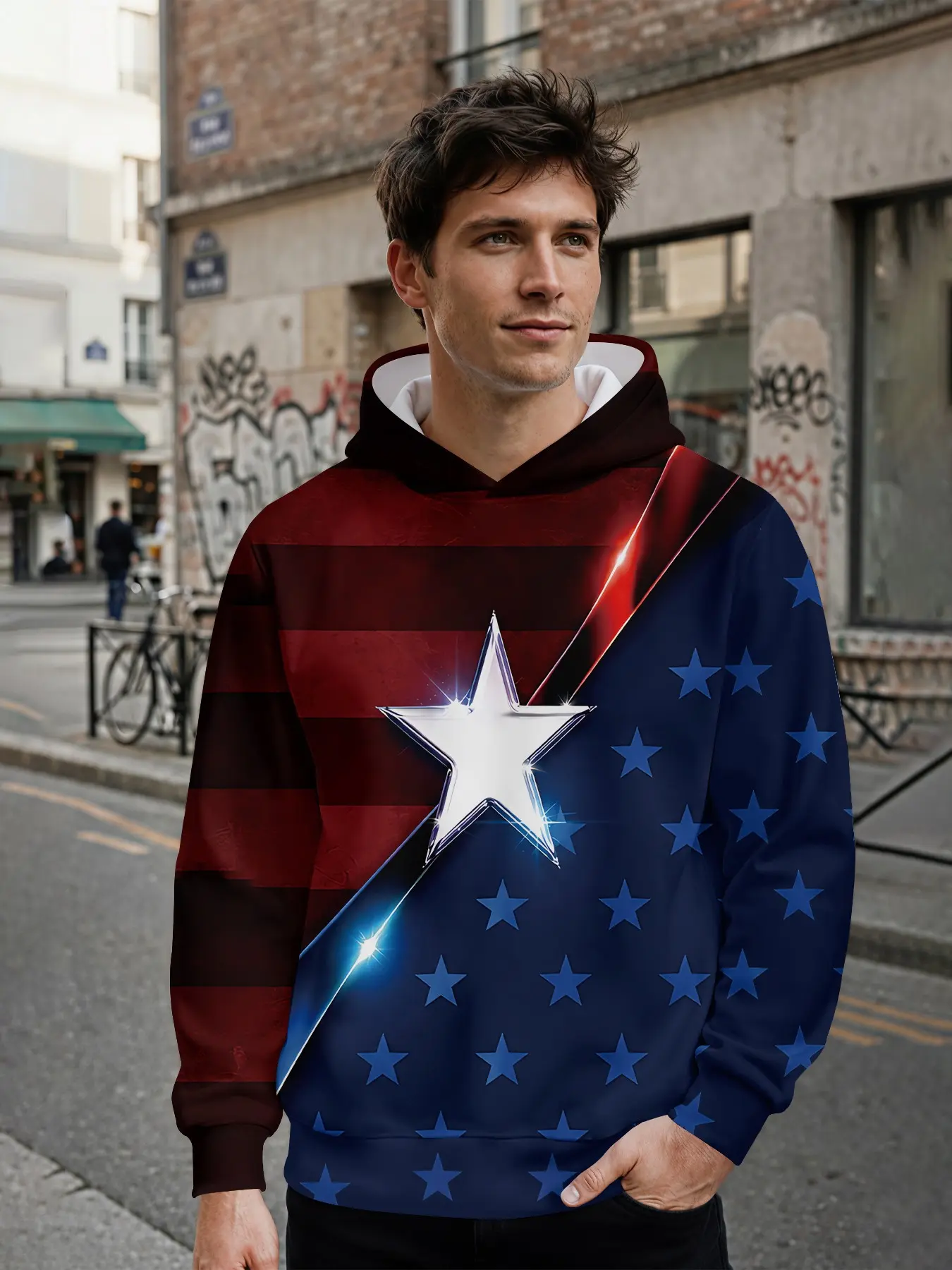 Men's 3D digital print hoodie with split light and shadow three-dimensional five-point star print in red, blue and stripes, full-print design, eye-catching for daily streetwear and music festival outfits, an ideal holiday gift for men