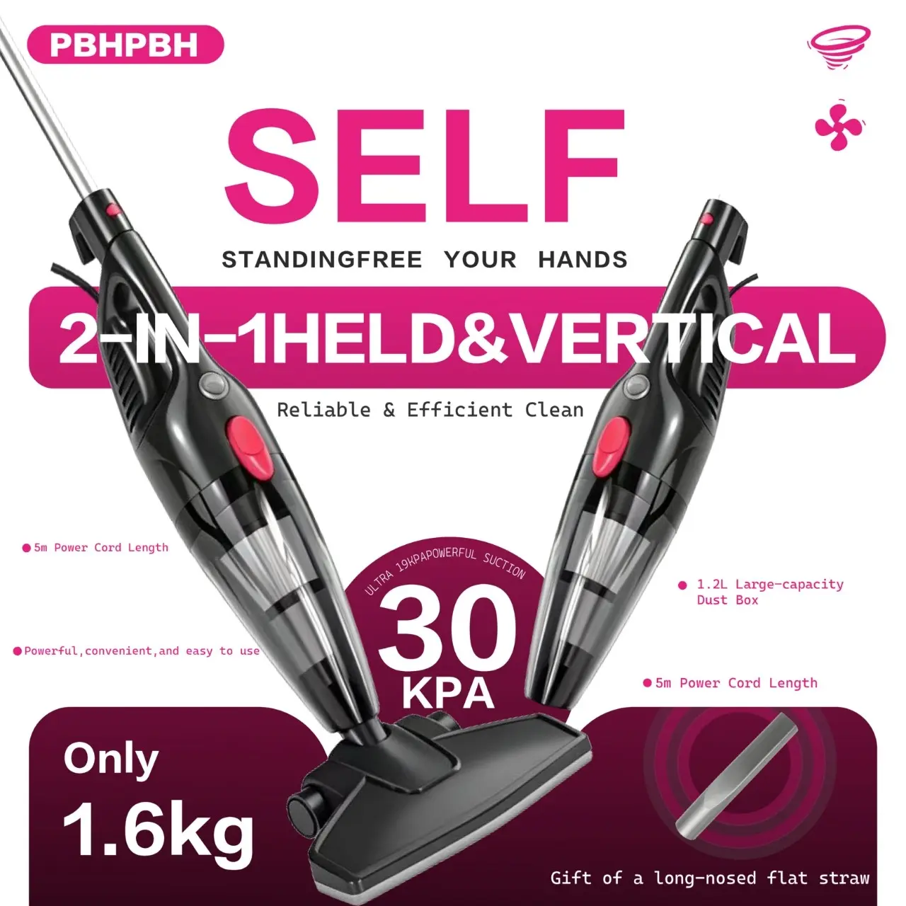 Pbhpbh Corded Vacuum Cleaner, 30,000pa Suction, 5m Long Cord, Washable Filter, 150° Rotation, Lightweight 1.7kg, Flat Nozzle Brush Included
