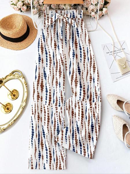 Women's casual and fashionable high waist elastic waist tie all over printed trousers wide leg pants, suitable for daily wear and outdoor activities, lazy time, beach vacation, the best choice for holidays